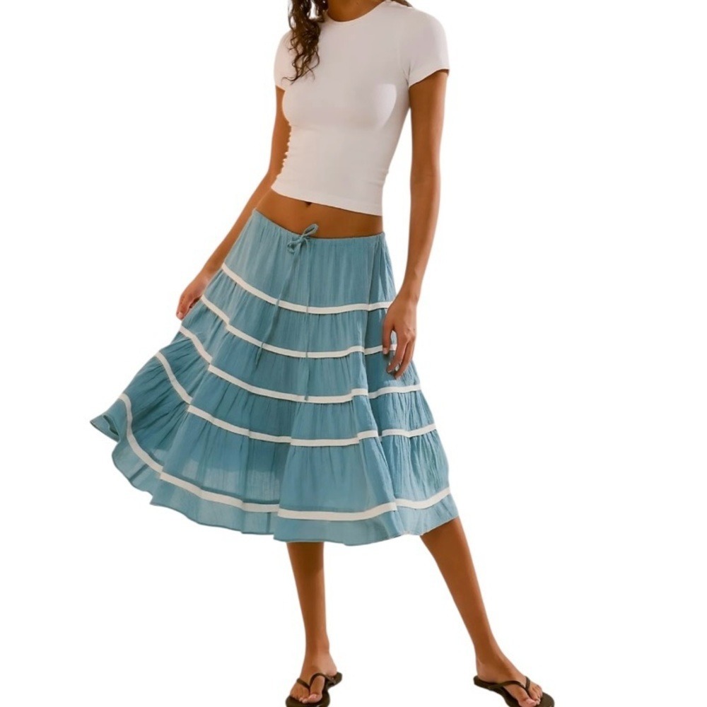 Free People Dance In The Sun Skirt Teal Blue A-Line Midi Skirt